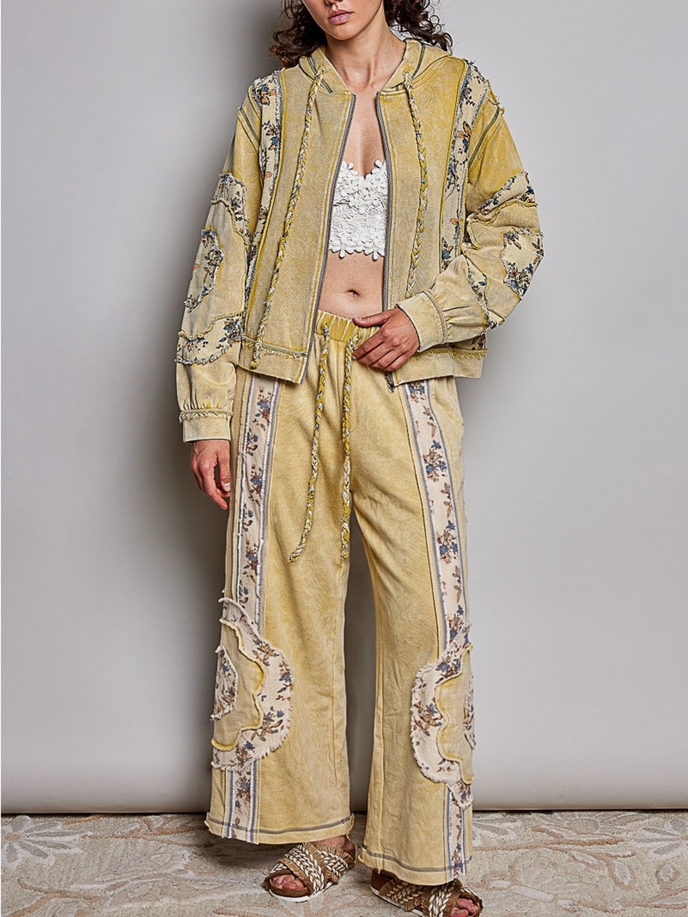 NWT POL Mustard Floral Patch Mineral Wash Jacket Hoodie Wide Pant 2PC Set S M L